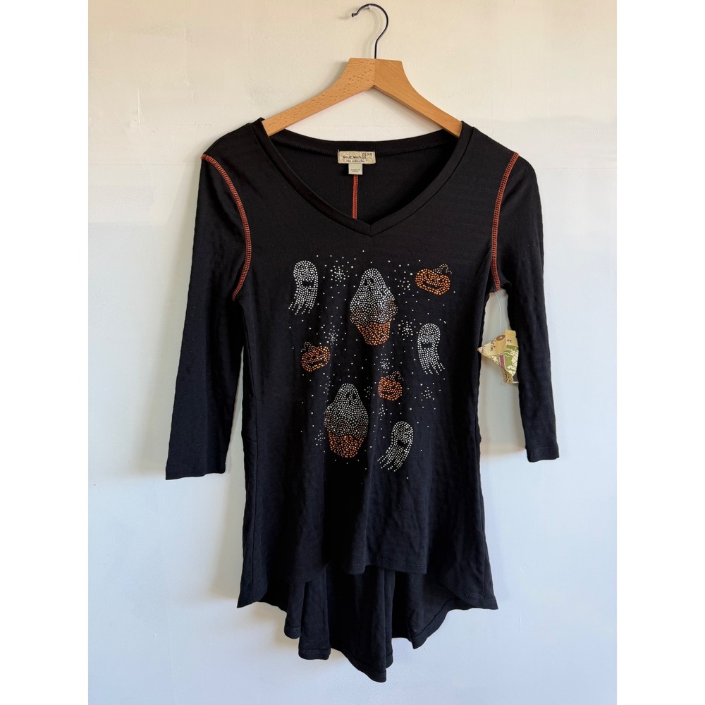 One World Halloween Rhinestone Ghost Pumpkin Cupcake Tunic Top Black XS NEW